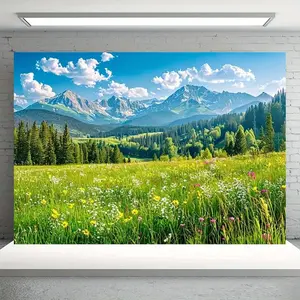 1pc Polyester Rollable Backdrop Banner - Spring Meadow, Pine Forest, Green Grass, Wildflowers, Mountains Design, Lightweight, Portable, No Electricity Needed, Wallpaper-like Decoration for Birthday, Wedding