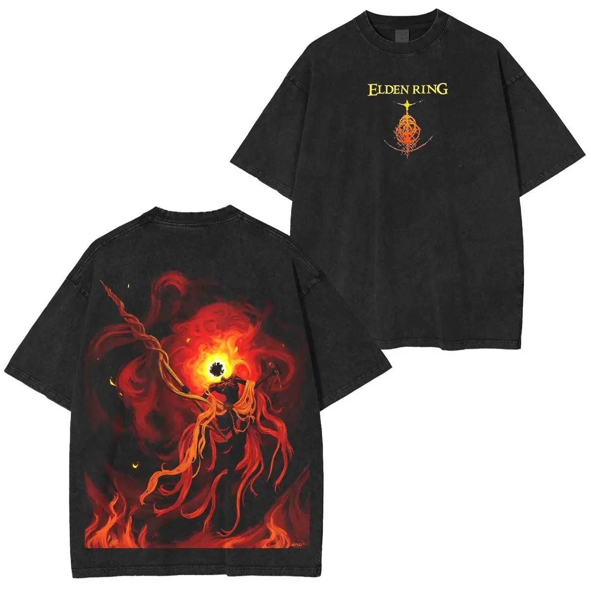 Vintage Washed Elden Ring Fire Giant / Midra Lord of Frenzied Flame Graphic Tee | Dark Fantasy Gaming Oversized Streetwear T-Shirt | Unisex Red Flame Aesthetic, Premium Cotton, Distressed Black | Perfect for Elden Ring Fans & Gamers | Sizes S-3XL, Shortsl