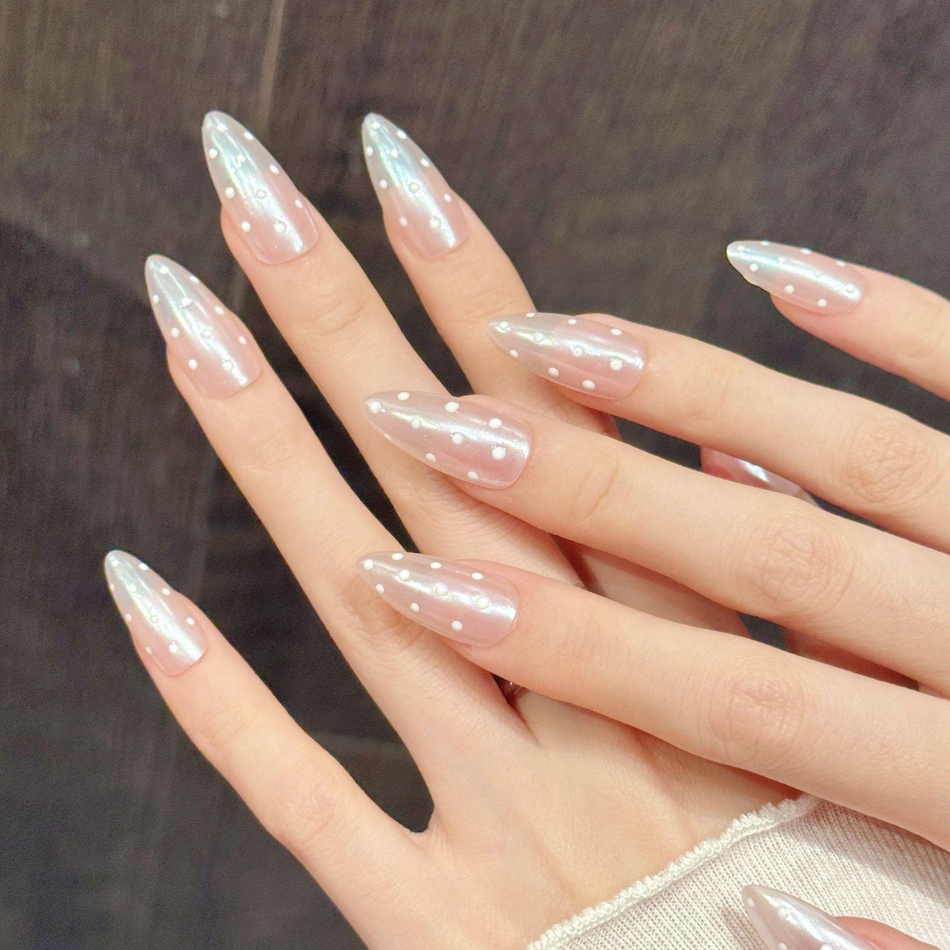 【Lucy UU】Gorgeous Aurora Pearl White Press On Nails With 3D Dots Medium Almond Shape Handmade Reusable Luxury Fake Nails For Women Daily Sweet Wear 【Lucy UU】Gorgeous Aurora Pearl White Press On Nails With 3D Dots Medium Almond Shape Handmade Reusable Luxury Fake Nails For Women Daily Sweet Wear