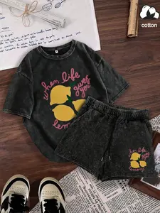 Two-Piece Set Women's Lemon Print Short Sleeve Tee & Shorts, Casual Round Neck T-Shirt & Shorts, Ladies Clothes for Daily Wear, Suits, Matching Clothing Set