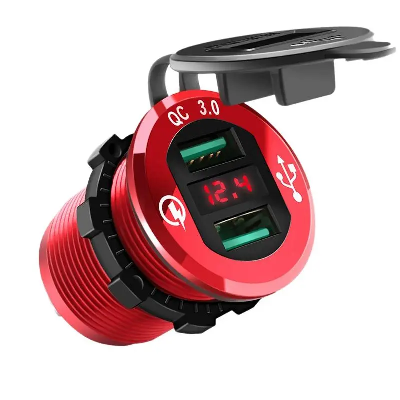 Dual USB Car Charger Socket QC3.0 Fast Charging - Dual QC3.0 Ports, LED Voltmeter, IP66 Waterproof 12V/24V Power Outlet for Car Boat Motorcycle RV, Aluminum Alloy Heat-Resistant, Dual USB Charging