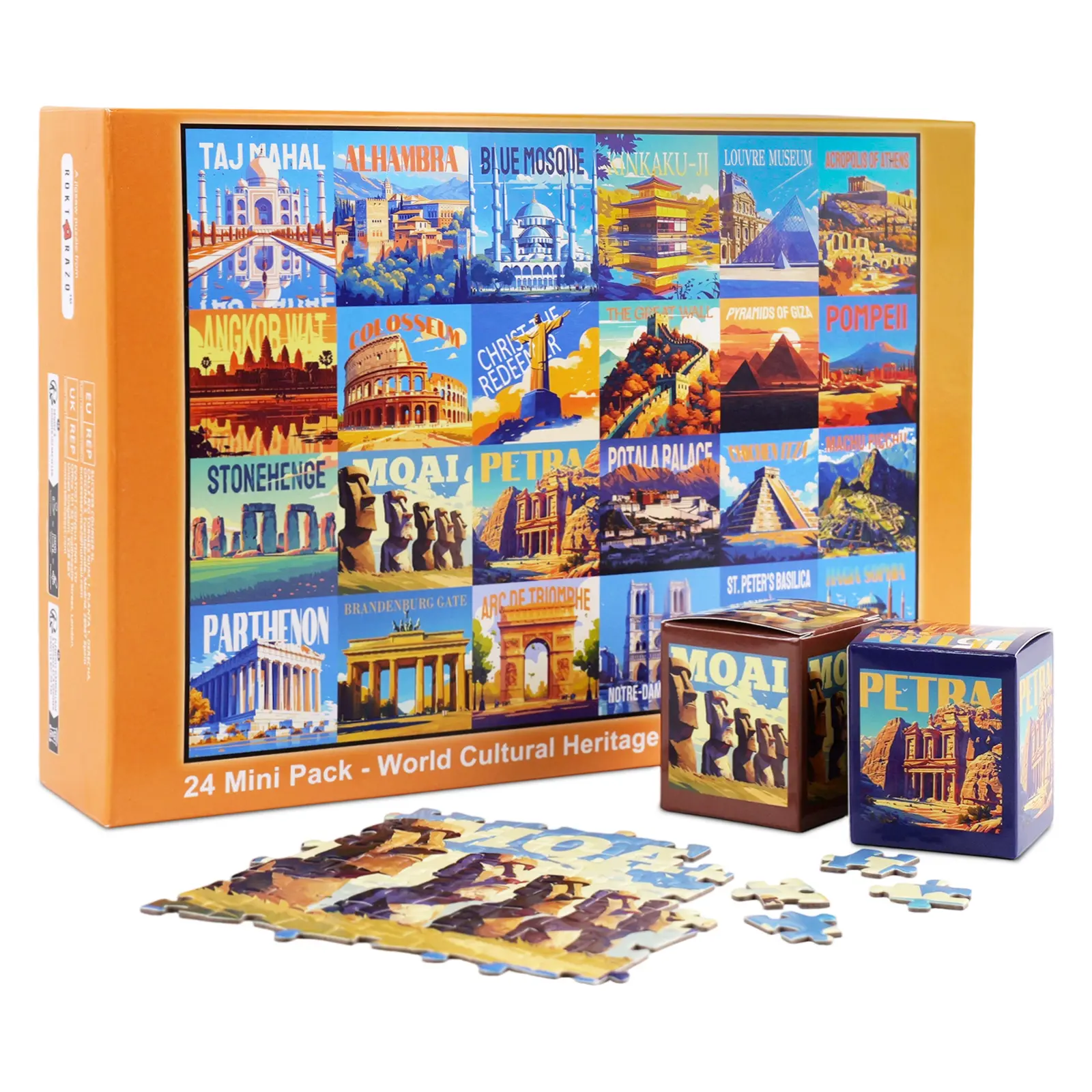 rokt&razo World Heritage Cardboard Jigsaw Puzzles - 24 Mini Pack, 1000 Pieces Daily Challenge with Reference Poster, Advent Calendar for Christmas Countdown, Beginner-Friendly Family Game Nights, 27.5 x 19.7 in (Back Index, Birthday Gift Option)