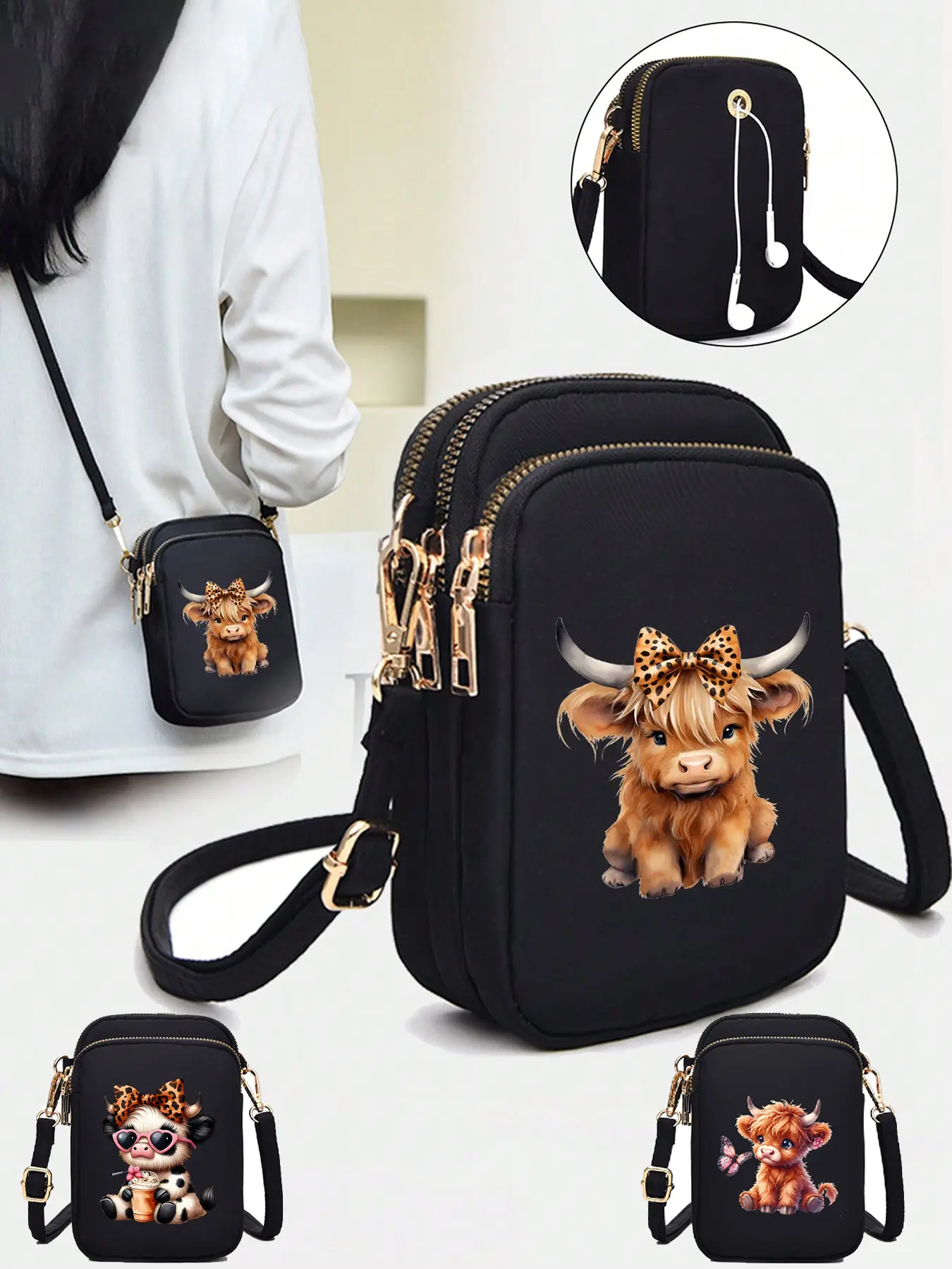 Cute Highland Cow Theme Casual Fashion Mini Crossbody Bag, Casual Trendy Purse, Cartoon Animal Phone Bag, Standalone Coin Purse, Women's Shoulder Bag, Fashionable Patterned Bag, Casual Crossbody Bags, Crossbody Purses
