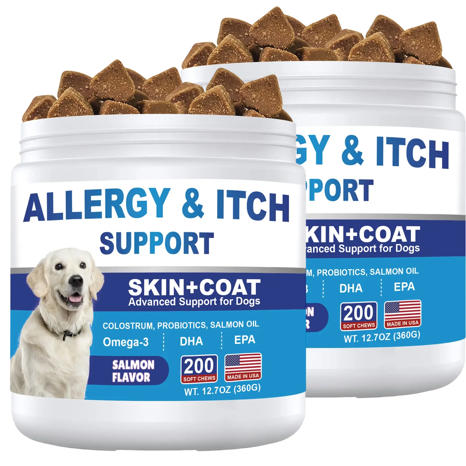 Dog Allergy Chews 2 Pack, Dog Skin & Coat Support Supplement with Colostrum, Seasonal Allergy Care Soft Chews for Itchy Skin, Ear & Paw Support, Salmon Flavor, 400ct