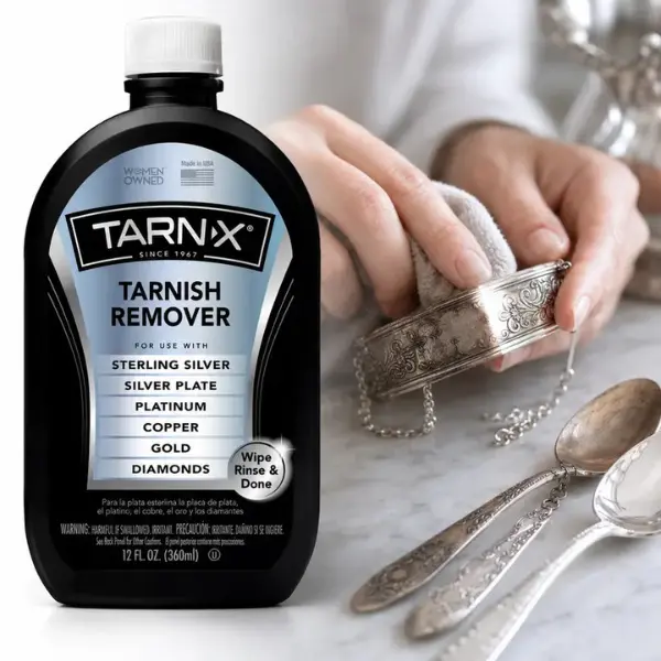 Tarn-X 12 oz. Tarnish Remover,sterling silver,silver plate,platinum,copper,gold,diamonds,jewelry,silverware,serving tray,tea sets,decor item,oxidation,black tarnish,restore shine,wipe rinse,no scrub,cold water rinse,spot test,soft cloth,fast acting,spoons