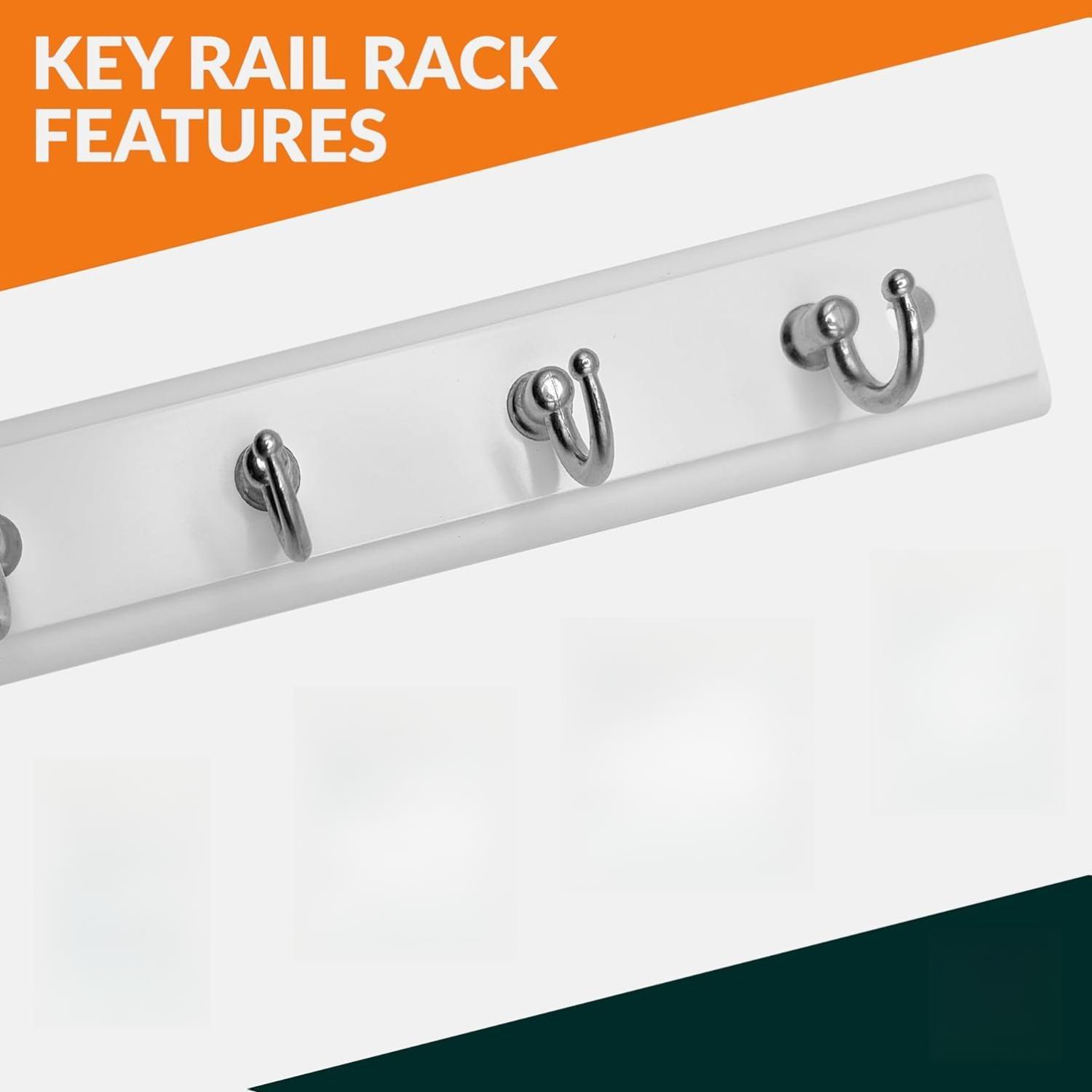 Durable Metal-Steel Wall Mounted Key Rail Rack Hanger Holder with 4 Hooks, Wooden Hanging Storage Organizer for Home Decor (White)