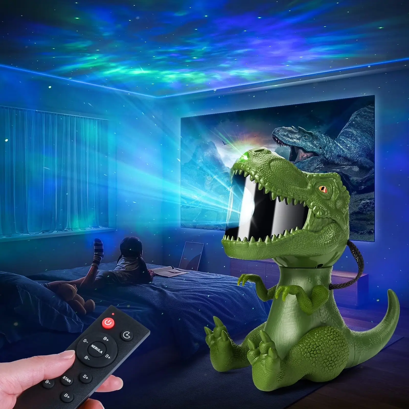 WHATOOK Dinosaur Space Projector Starry Sky LED Light with Timer Remote Control 8 Nebula Effects for Kids Room Christmas Birthday Gift Green