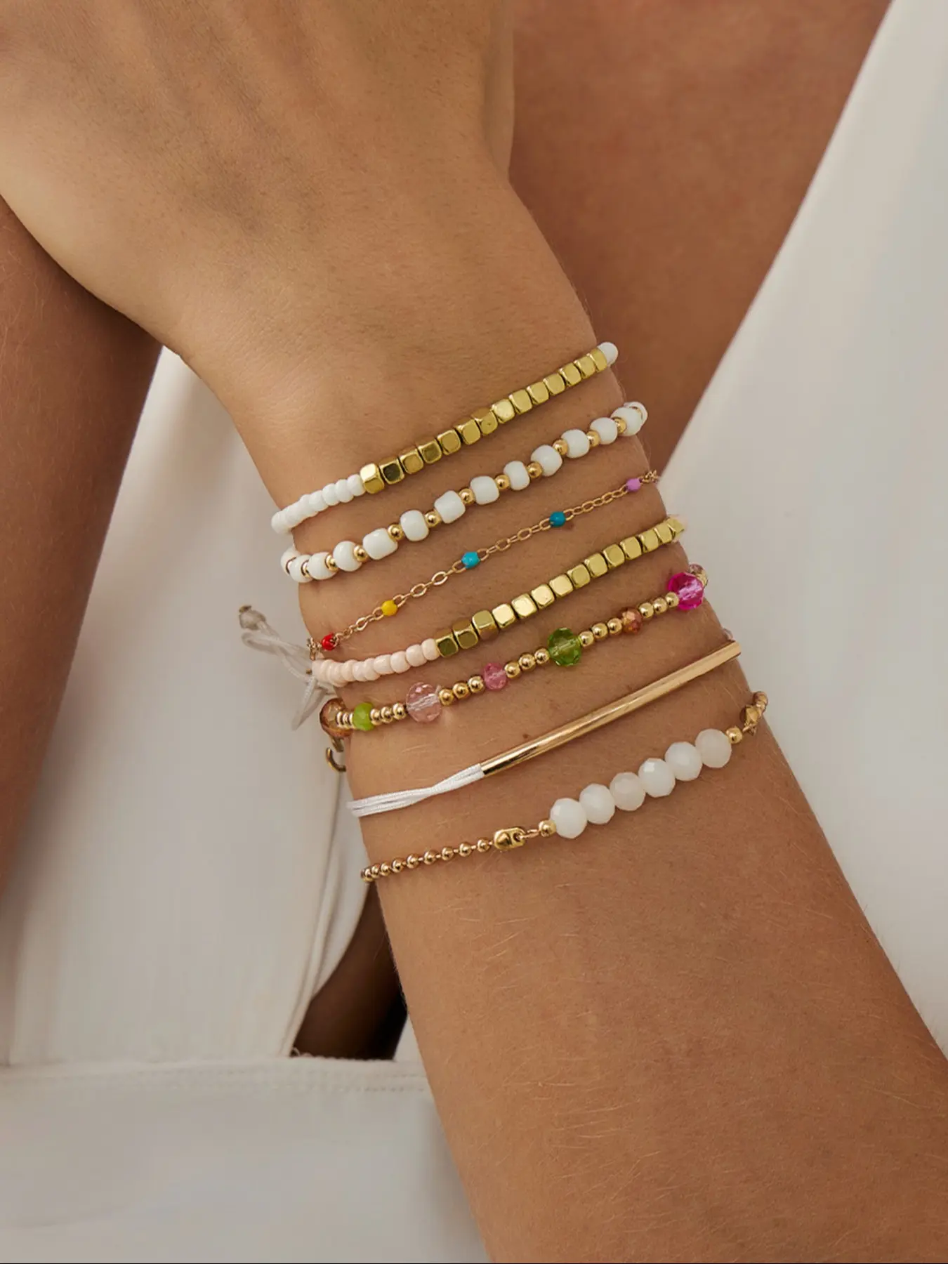 Bohemian Beaded Bracelet Set, Bracelet Stack, 7-Piece Colorful Crystal Elastic Jewelry, Perfect for Parties Gifts Daily Wear, Fashionable Style, Beaded Bracelets Set