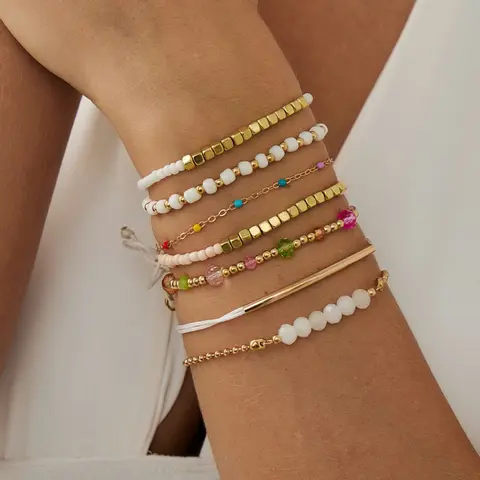 Bohemian Beaded Bracelet Set, Bracelet Stack, 7-Piece Colorful Crystal Elastic Jewelry, Perfect for Parties Gifts Daily Wear, Fashionable Style, Beaded Bracelets Set