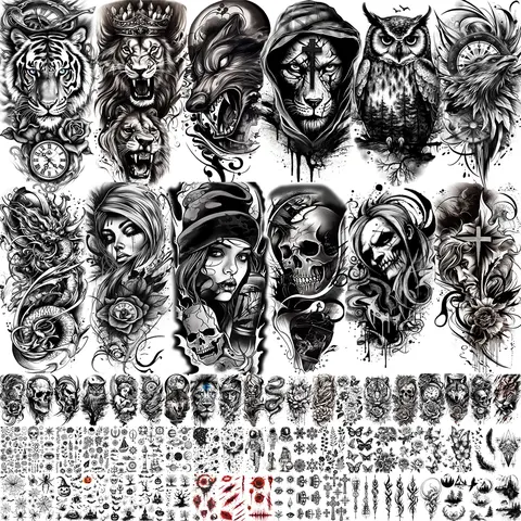 72 Sheets Black 3D Realistic Gothic Halloween Temporary Tattoos - Waterproof Long-Lasting Body Art Stickers for Adults,Children,10.5x6cm/21x12cm,All Skins,Halloween Costume,Day of the Dead,Beach,Club,Arm Sleeve/Neck,Scary Animal Print,Skulls,Scars