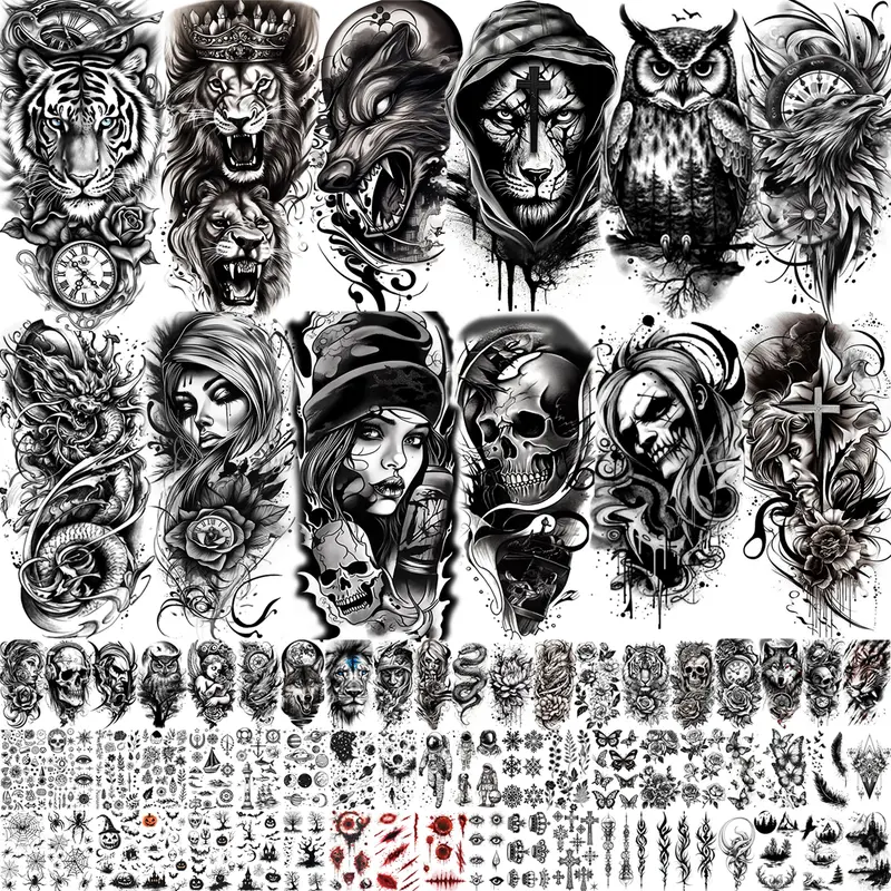 72 Sheets Black 3D Realistic Gothic Halloween Temporary Tattoos - Waterproof Long-Lasting Body Art Stickers for Adults,Children,10.5x6cm/21x12cm,All Skins,Halloween Costume,Day of the Dead,Beach,Club,Arm Sleeve/Neck,Scary Animal Print,Skulls,Scars