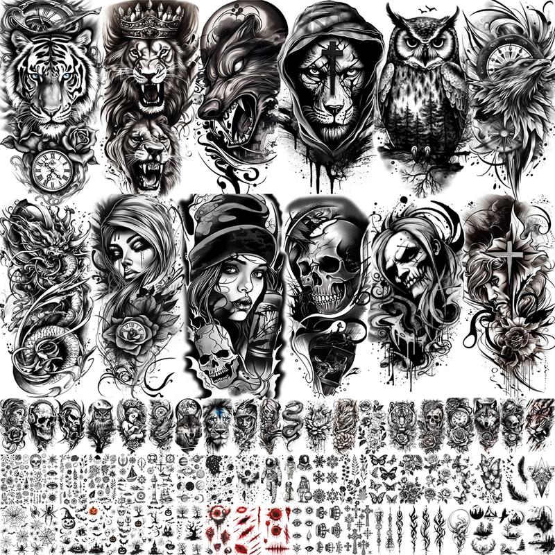 72 Sheets Halloween Temporary Tattoos for Men Women Adults - Black 3D Realistic Scary Animals Skulls Scars, Fake Tattoos Set for Cosplay Arm Sleeve Neck, Waterproof Long-Lasting Body Tattoo Sticker Gothic