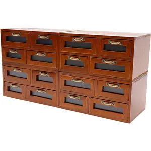 4 Pcs Library Card Catalog Cabinet with 4 Drawers Vintage Wooden Storage Box with Metal Handle Stackable Rustic Desktop Drawer Organizers Multi Drawer Apothecary Cabinet for Home Office Storage, Brown
