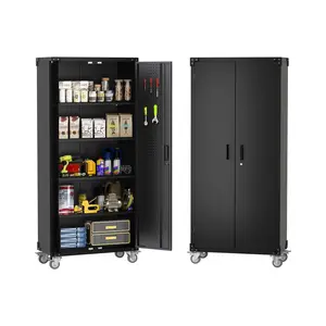 Heavy Duty Storage Cabinet, 72" Lockable Black Steel Tool Locker with Pegboard, Adjustable Shelves & Wheels for Garage, Home & Office