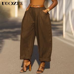 UOOZEE Women's 2025 Spring Autumn Vintage 100% Cotton Soft Loose Fit Elastic Waist Wide-leg Pants with Pockets Brown Breathable Basic Casual Outfit Fabric Womenswear