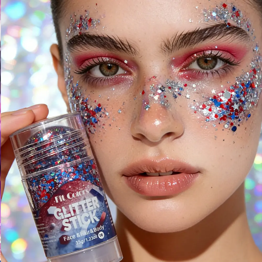 Red White and Blue Face Body Glitter Stick, 4th of July Patriotic Accessories Hair Glitter, Shimmery & Long Lasting Face and Body Paint for Festival Makeup Concert Party, Holographic Long Lasting Chunky Sequins