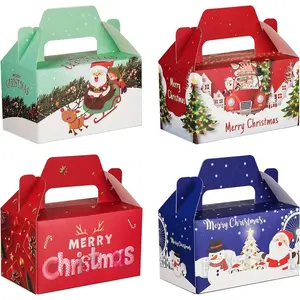 24 count  Christmas Cookie  Boxes with Handles for Holiday Xmas, School Classroom Party Favor Supplies, Candy  Cardboard Cookie Boxes, 4 Designs, Christmas  Boxes