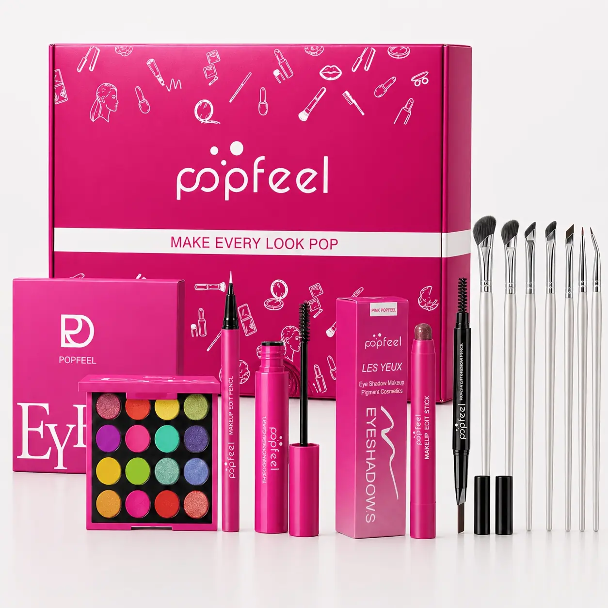 12Pcs Beginner All-in-1 Eye Makeup Kit - Complete Cosmetic Bundle with Eyeshadow Palette, Eyeliner Pen, Mascara, Eyebrow Pencil, Eyeshadow Stick, Makeup Brush Set - Portable Holiday Gift for Women & Girls