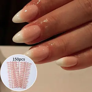 150pcs Long Almond Fake Nails, Nude French Tips, Reusable, Multiple Sizes, Includes Jelly Glue and Nail File, Perfect for All Seasons