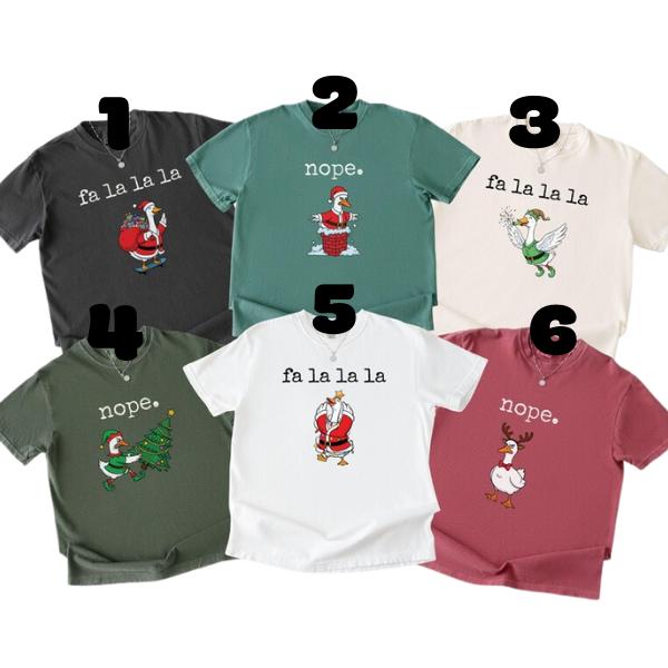 Custom Funny Christmas Goose Shirts Comfort Color, Fa La La La Duck Tee, Cute Holiday Nope Goose Graphic Tops, Matching Family Xmas Outfit Ideas, Trendy Gifts For Everyone