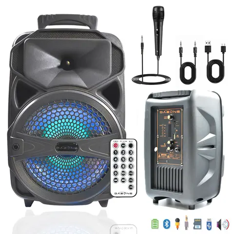 DAZONE 8in Wireless Portable Bluetooth FM Loud Party Speaker Sound System - 2-Way Speaker with 1” Tweeter, Microphone, Remote Control, Adapter, Cable, Memory Support, Smartphone Audio Playback