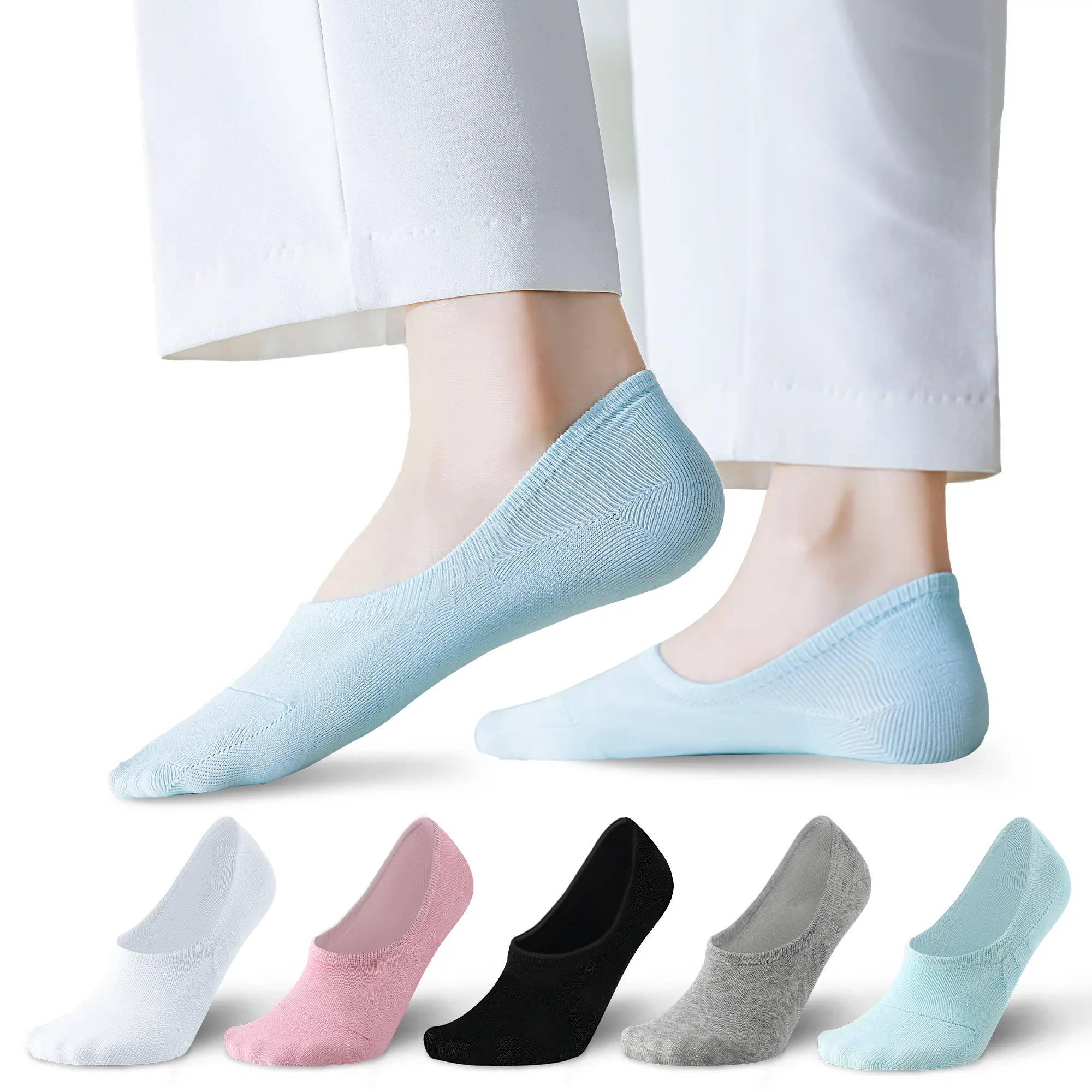5 Pairs Women's No-Show Ankle Socks - Breathable Moisture-Wicking Cotton-Polyester Blend, Seamless Comfort for Flat Shoes, Assorted Solid Colors (Black/Light Blue/White/Pink) - Machine Washable for Daily Casual & Work Wear, Versatile Sock Colors Tropical,