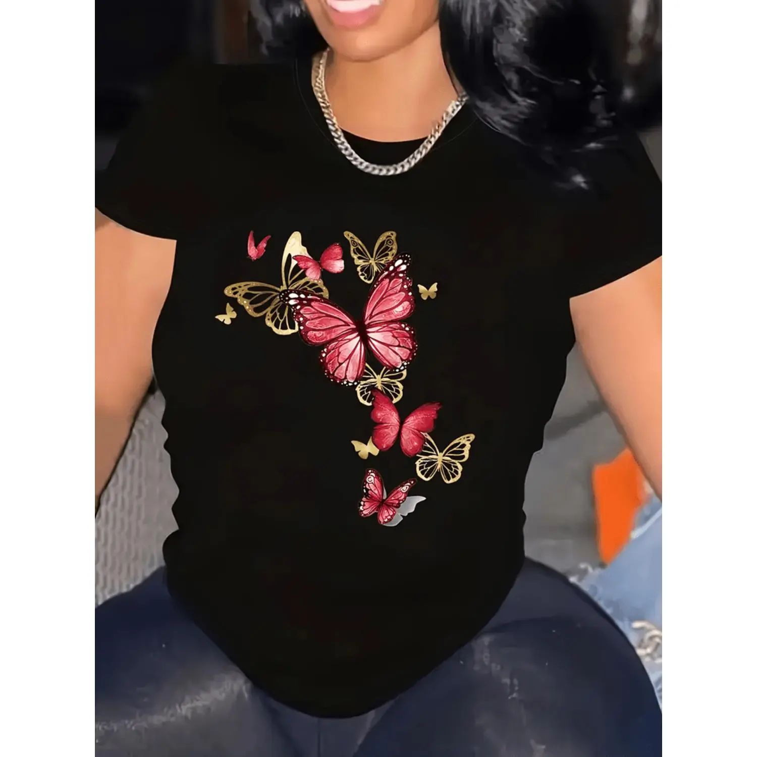 Women's Casual Short Sleeve Round Neck T-Shirt - Bright Pink Butterfly Print, Semi-Sheer Lightweight Top, Suitable for Spring and Summer, Machine Washable