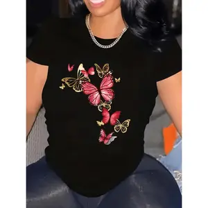 Women's Casual Short Sleeve Round Neck T-Shirt - Bright Pink Butterfly Print, Semi-Sheer Lightweight Top, Suitable for Spring and Summer, Machine Washable