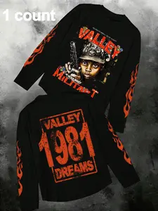 Men's Digital Flame Print Long Sleeve Casual Fitted Top, Versatile Graphic Tee for Spring & Fall, Comfortable Daily Wear