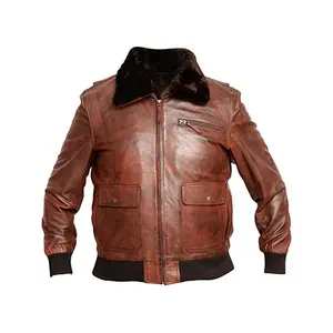 MotorCycleJackets Men's G-1 Navy Distressed Brown Bomber Aviator Real Leather Jacket