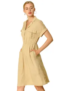 INSPIRE CHIC Women's Notched Lapel Elastic Waist Pocket A-Line Safari Shirt Dress