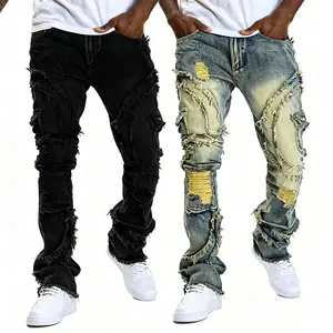 Men's Stacked Ripped Jeans - Distressed Slim Fit Denim Pants, Stretchy Retro Streetwear for a Punk Vibe