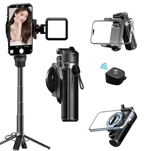 2026 New magnetic & clamp 4-in-1 mini selfie stick(With LED light) with 360° Rotation Portable Anti-shake Wireless Bluetooth control Compatible with most phones Cellphone Smartphone magnetic phone stand for selfie Video recording Vlog father's day gift