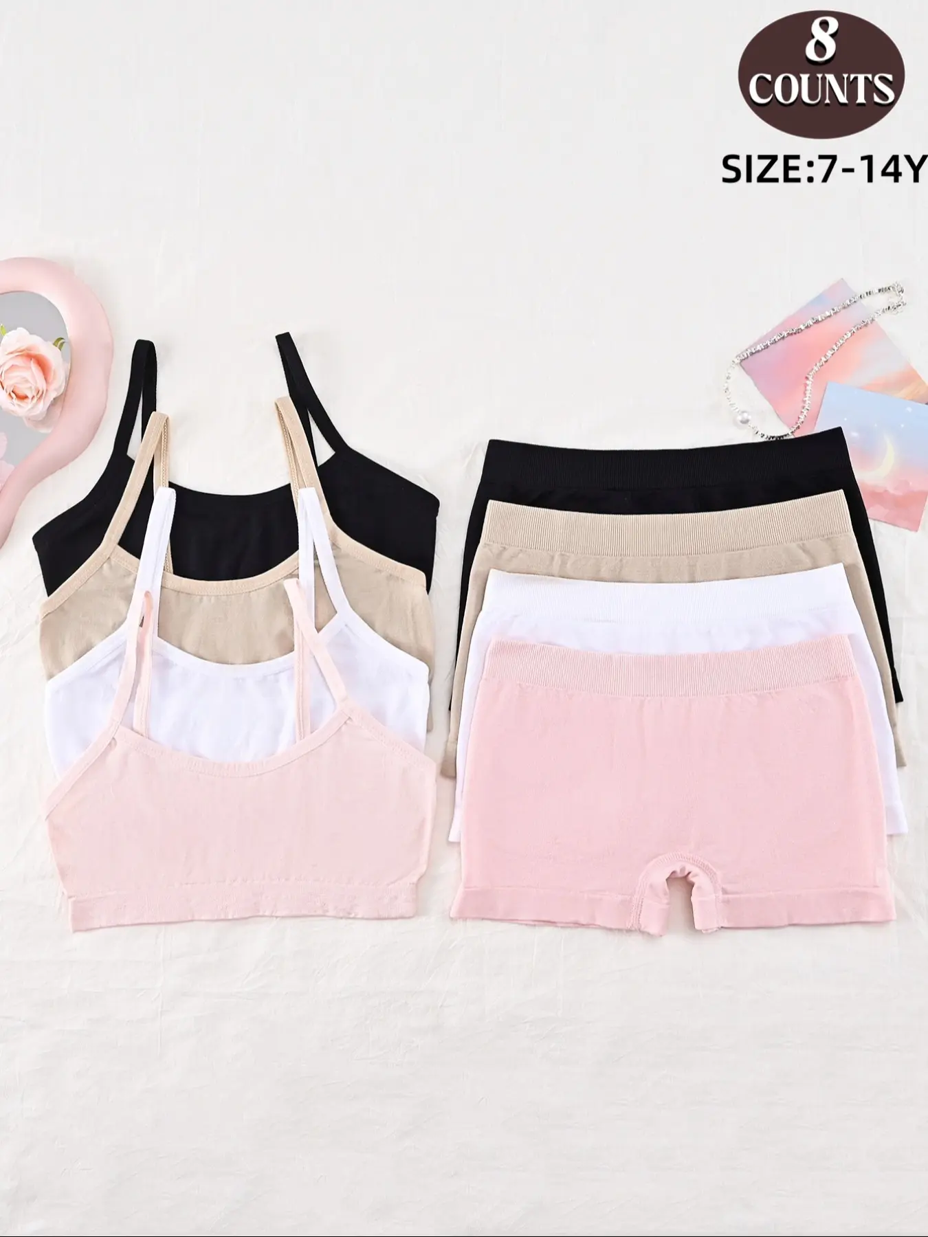Girls Seamless Soft Basic Underwear Set, Youth Underwear, Pure Color Casual Comfort Tank Top Bra, Camis & Briefs, Suitable for 7-14 Years Old Students