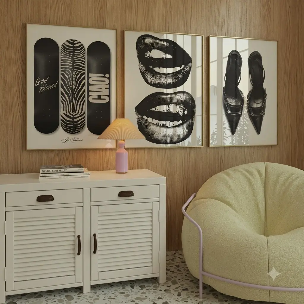 Stockholm Black and White Fashion Wall Art Set of 3 , Chic Lips Print, Vintage Heels Poster, Trendy Skateboard Gallery Wall
