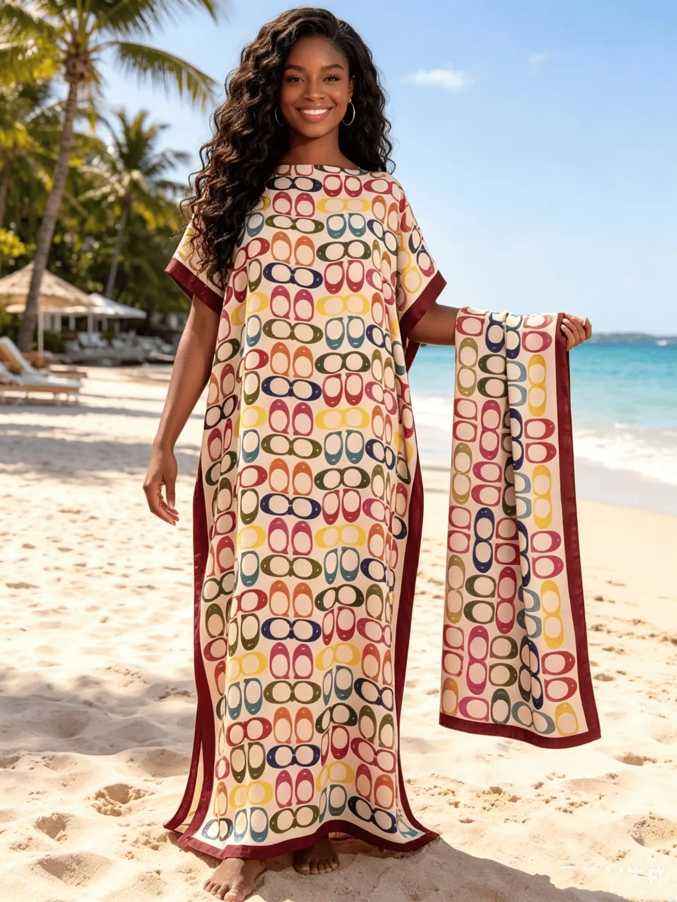 Playful Multicolor Geometric Link Print Silky Satin Kaftan 2 Piece Outfit with Coordinating Scarf, Oversized Plus Size Casual Loungewear, Versatile Beach Swim Cover Up, Tropical Resort Formal Evening Long Dress, Bohemian