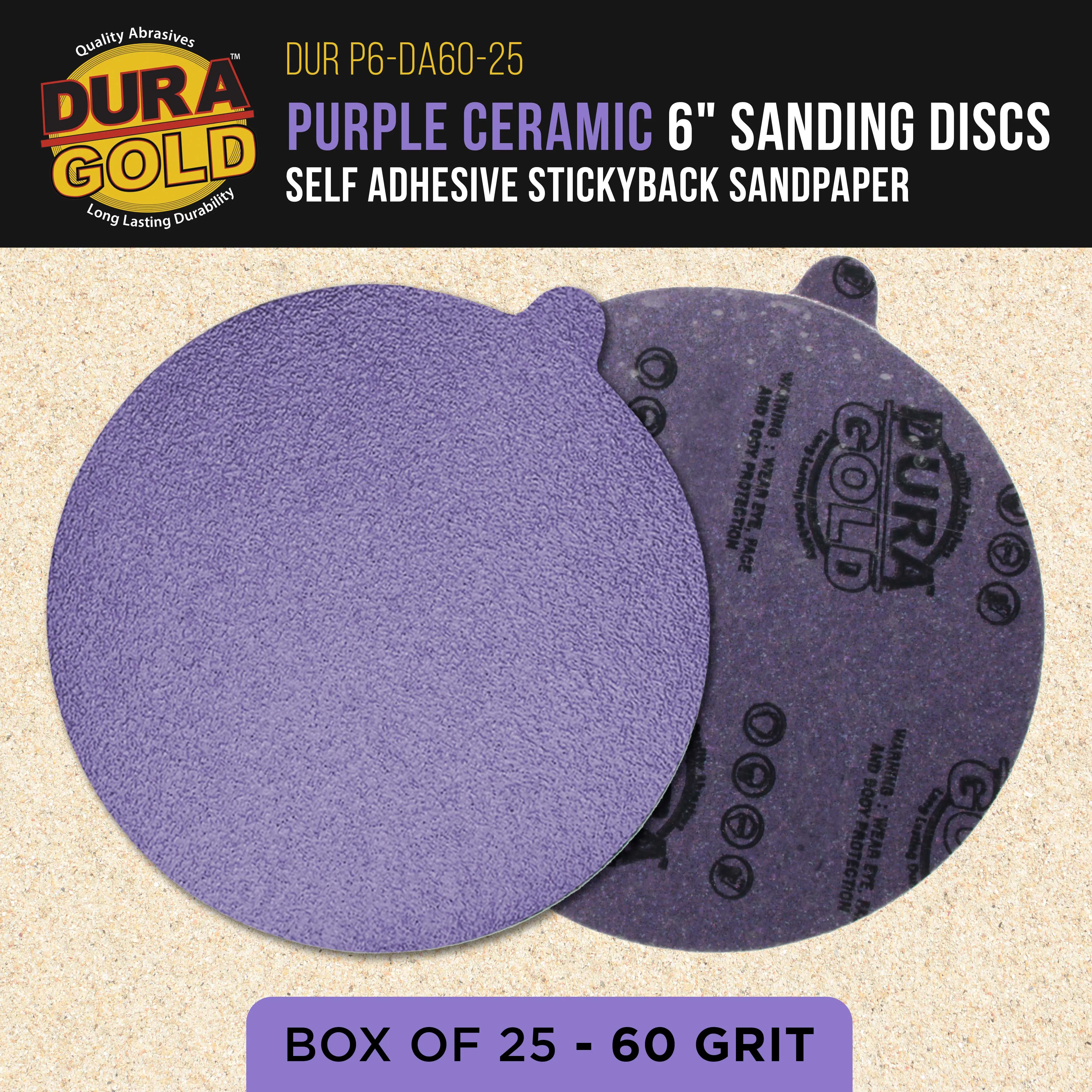 Premium 60 Grit 6" PSA Purple Film Ceramic Sanding Discs, Box of 25 - Self Adhesive Stickyback Sandpaper for DA & Random Orbital Sanders