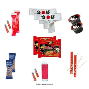 Dam Son Spicy Noodle Challenge For 2x People with 2x Sweat Bandanas, 2x Tap-out Secret Sauces, 2x Taleen Japanese Peanuts, 2x 8oz Popsicles, 4x Chery Flavor Kool-aid Packs and 2 Sets of Chop-sticks