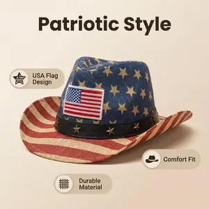 USA Flag Cowboy Hat – Patriotic American Western Hat with Red/White Striped Brim & Blue Stars Crown | Embroidered US Flag Design | Rodeo, Country, 4th of July Hat for Men & Women