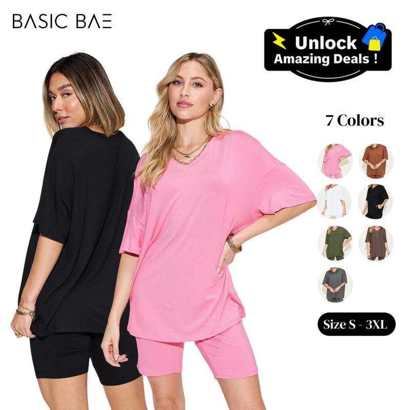 Basic Bae Bamboo Full Size  V-Neck Drop Shoulder T-Shirt and Shorts Set