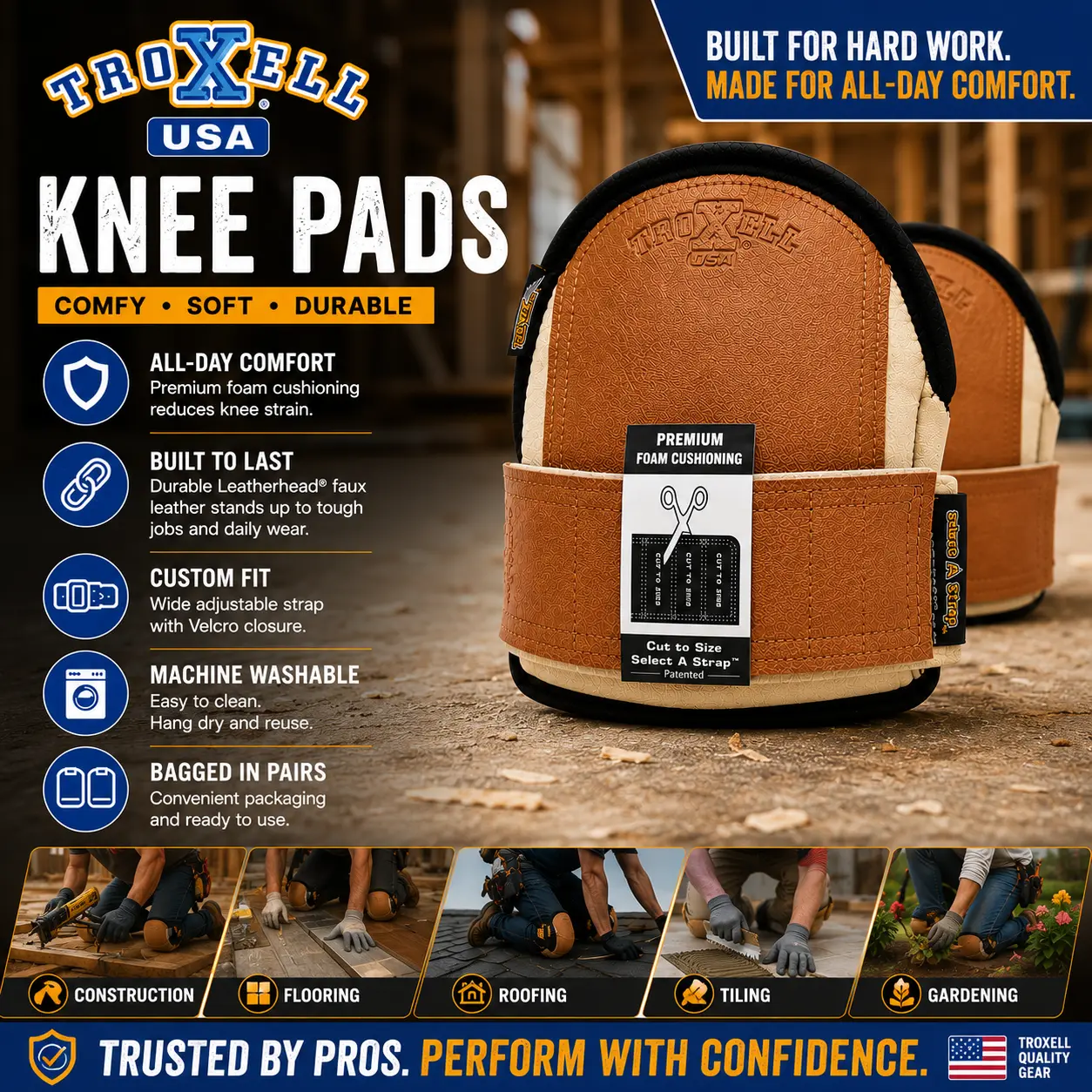 TROXELL USA Professional Knee Pads for Men | SuperSoft Leatherhead Kneepads with Cut-to-Size Strap for Flooring, Roofing, Tile Work & Gardening