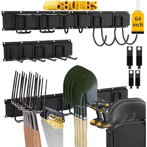 64'' Garage Tool Organizer Wall Mount - Heavy Duty 680 lbs Capacity Tool Rack with 10 Adjustable Hooks, Wall Mounted Storage System for Garage, Shed, Workshop (Black)