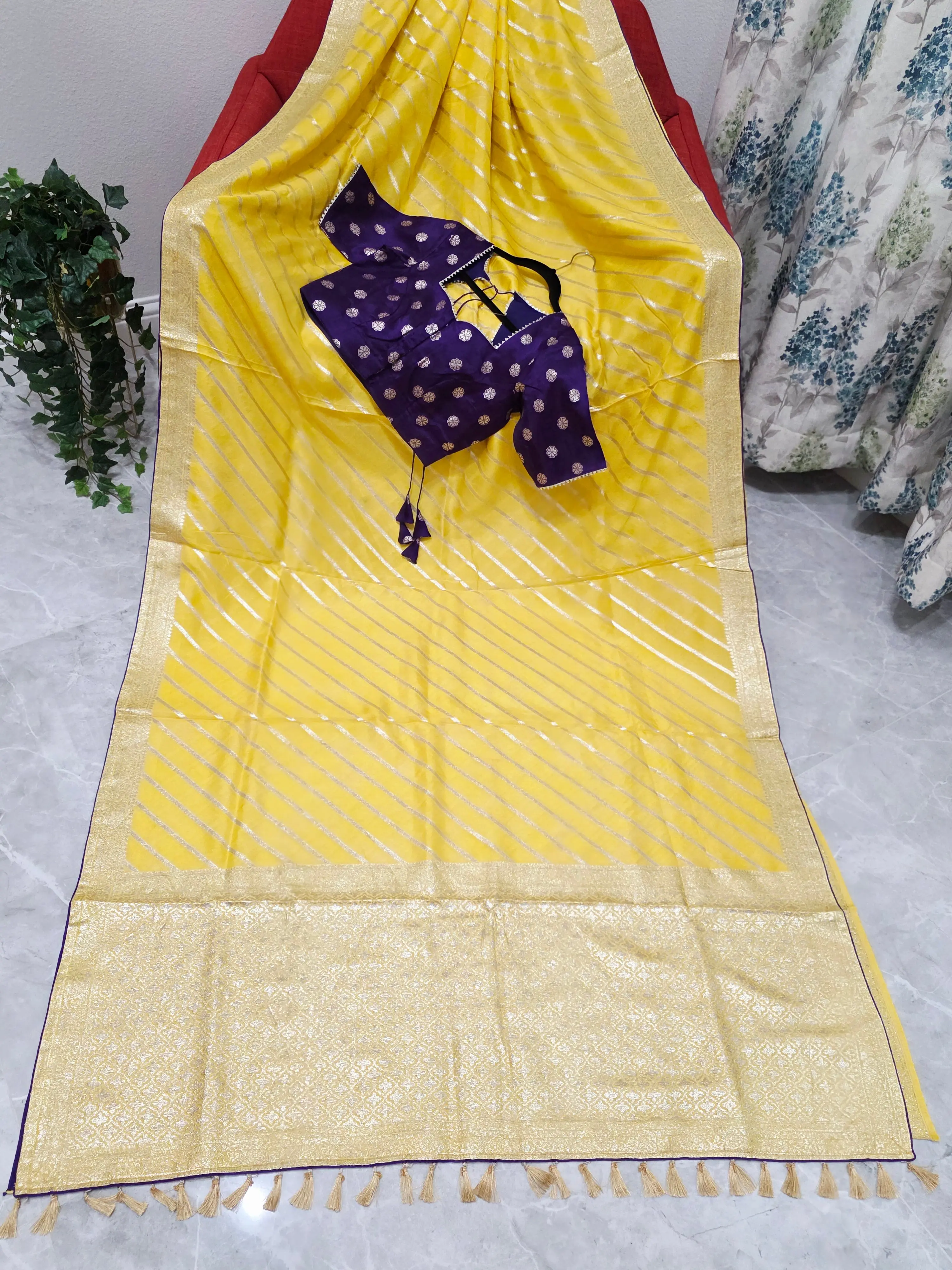 Yellow Leheriya Munga Crepe Silk Saree with Purple Stitched Blouse