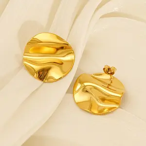 Wrinkled Round Stud Earrings for Women 18K Gold Vacuum Plated Stainless Steel Irregular Textured Disc Ear Studs Hypoallergenic Lightweight Minimalist Fashion Earrings
