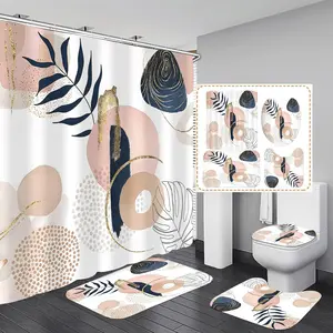4PCS Boho Cute Shower Curtains Set Modern Abstract Bathroom Set with Rugs, Minimalist Bathroom Decor Accessories Waterproof for Bathroom with Mat