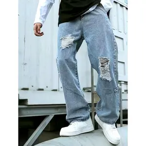 Men's Streetwear Wide-Leg Distressed Casual Trend Jeans, Blue Denim with White Stitching, Non-Stretch Fabric, All-Season Wear, Relaxed Fit Pants | Wide-leg Jeans | Classic Denim