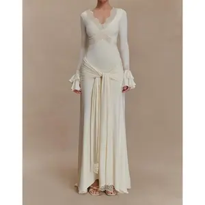 Long Sleeve Cocktail Dress for Women Shapewear Tummy Control Party Dresses Deep V Neck Lace Mermaid Maxi Dress
