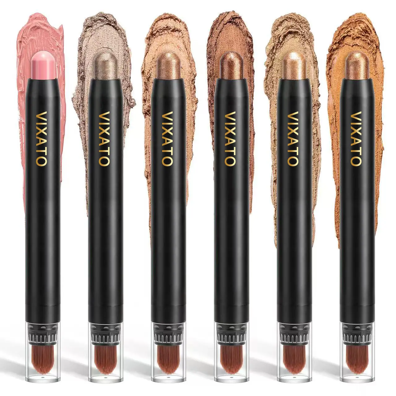 VIXATO 2-in-1 Eyeshadow Stick Set with Blending Brush, 6 Colors Waterproof Matte & Shimmer Cream Eye Shadow Pencils, Long-Lasting Blendable Makeup for Beginners