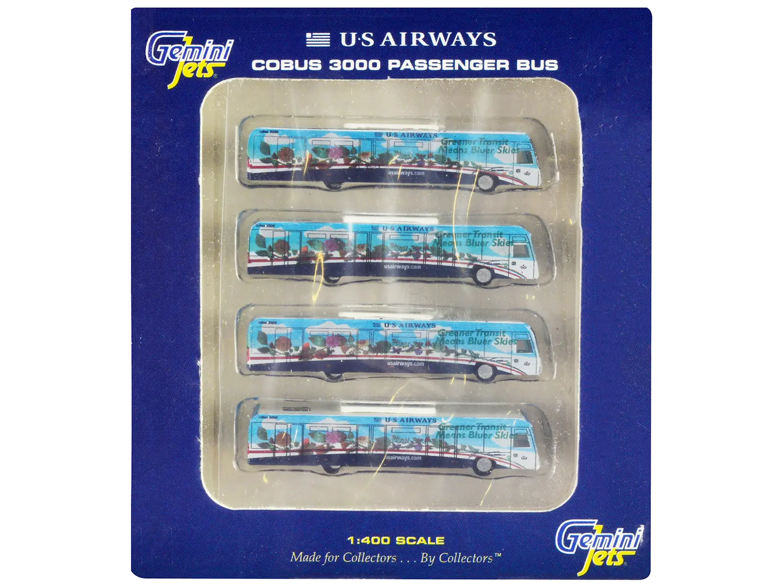 Cobus 3000 Passenger Bus White and Blue with Graphics "US Airways Shuttle Bus" 4 Piece Set 1/400 Diecast Models by GeminiJets
