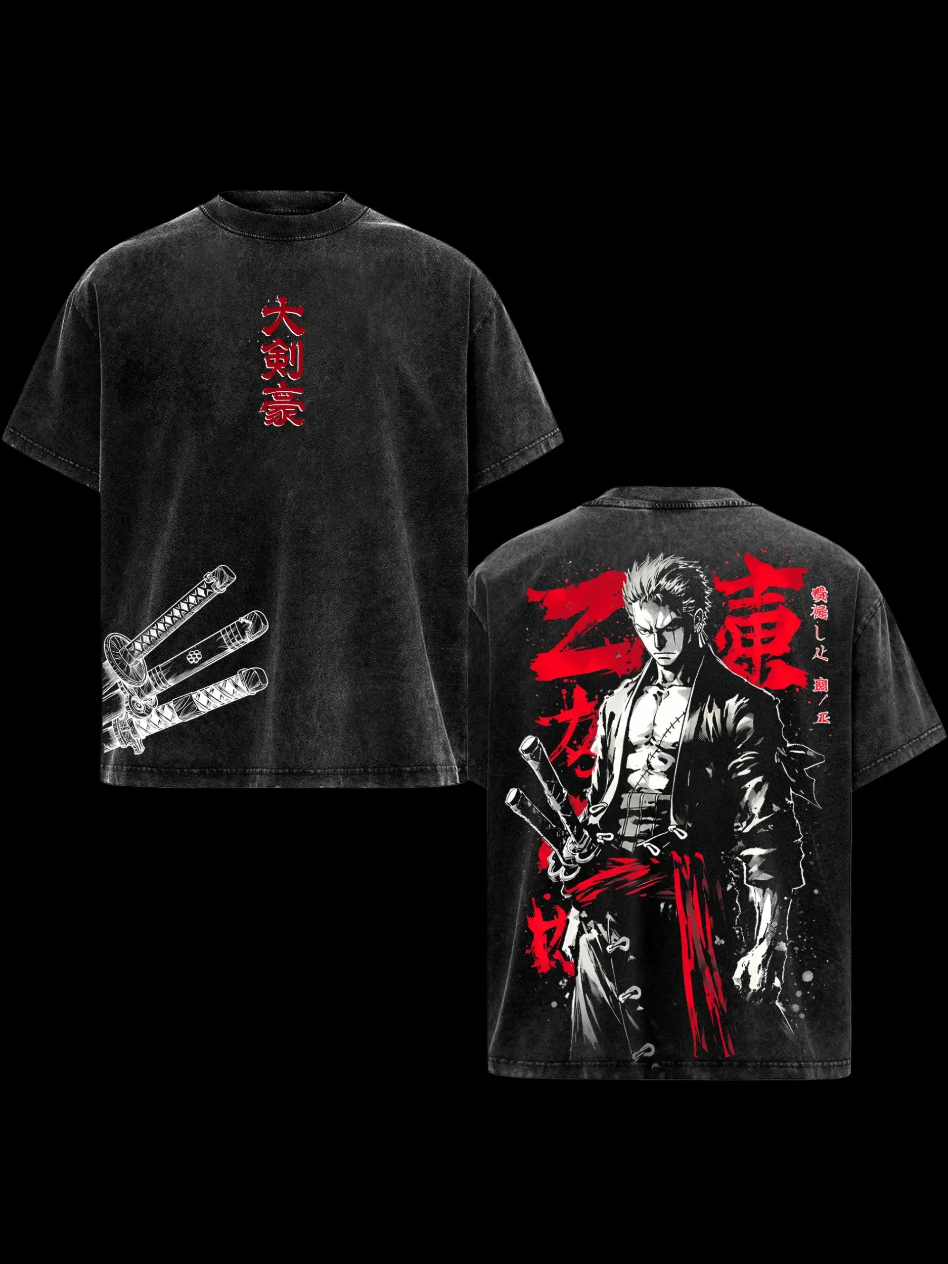 Zoro Graphic Print T-Shirt, Vintage Washed Heavy Cotton Streetwear, Relaxed Fit Shortsleeve Menswear for Anime Fans, All Season